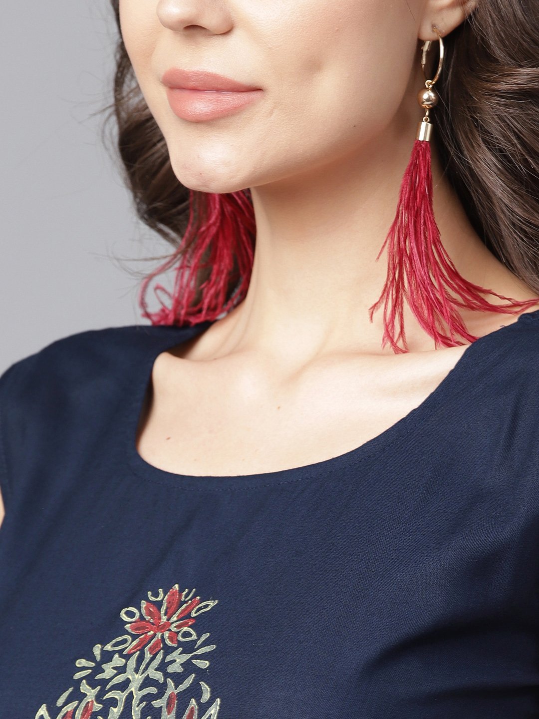 Navy Blue Block Printed Sleeveless Rayon A-Line Kurta | LASVINI - Redefining Indian Fashion with Elegance