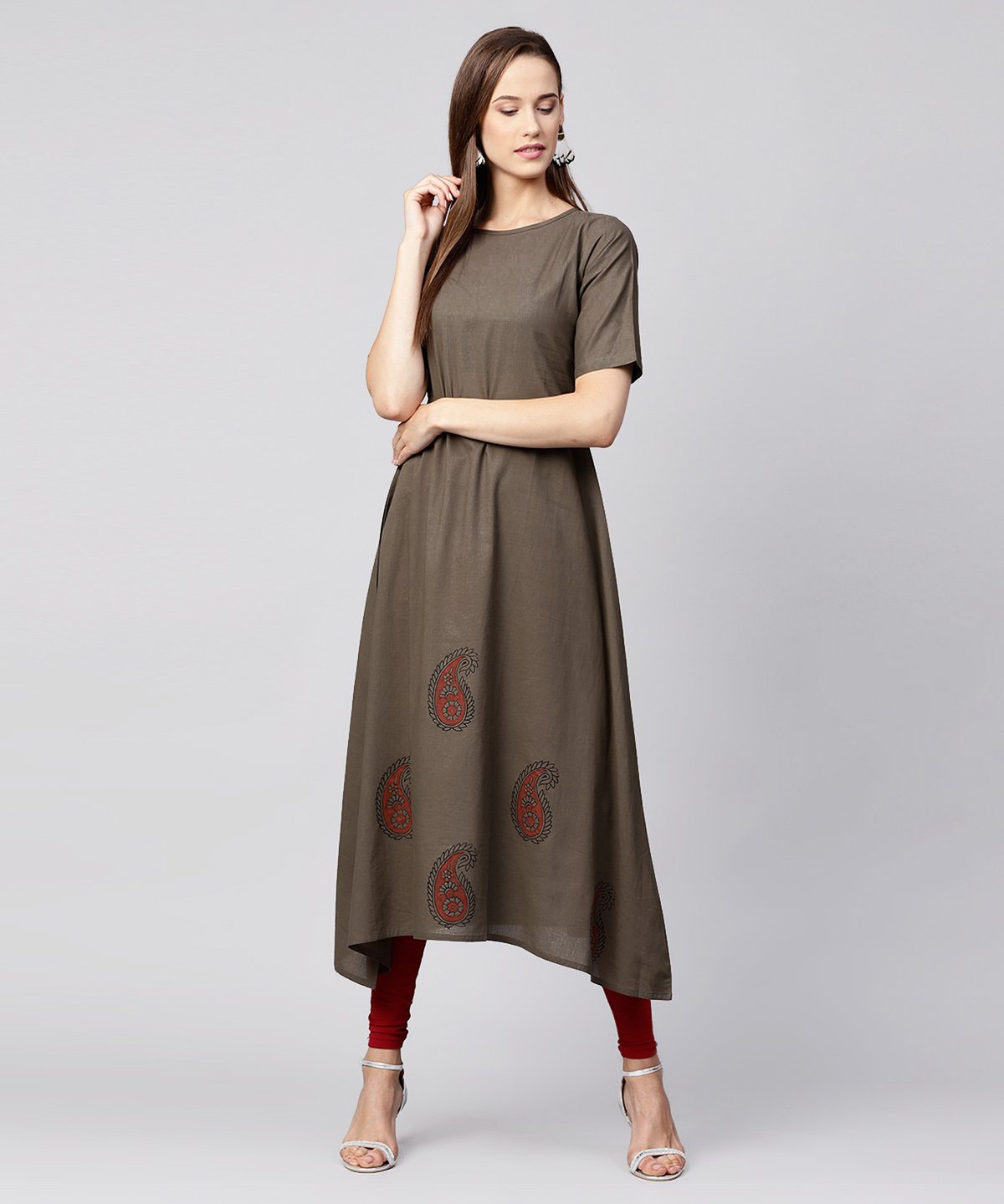 Grey Half Sleeve Block Printed Cotton A-Line Kurta | LASVINI - Redefining Indian Fashion with Elegance