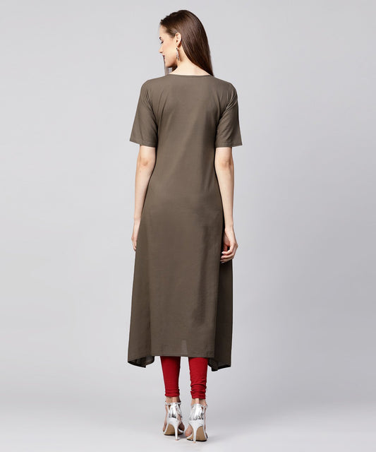 Grey Half Sleeve Block Printed Cotton A-Line Kurta | LASVINI - Redefining Indian Fashion with Elegance