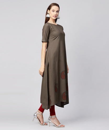 Grey Half Sleeve Block Printed Cotton A-Line Kurta | LASVINI - Redefining Indian Fashion with Elegance
