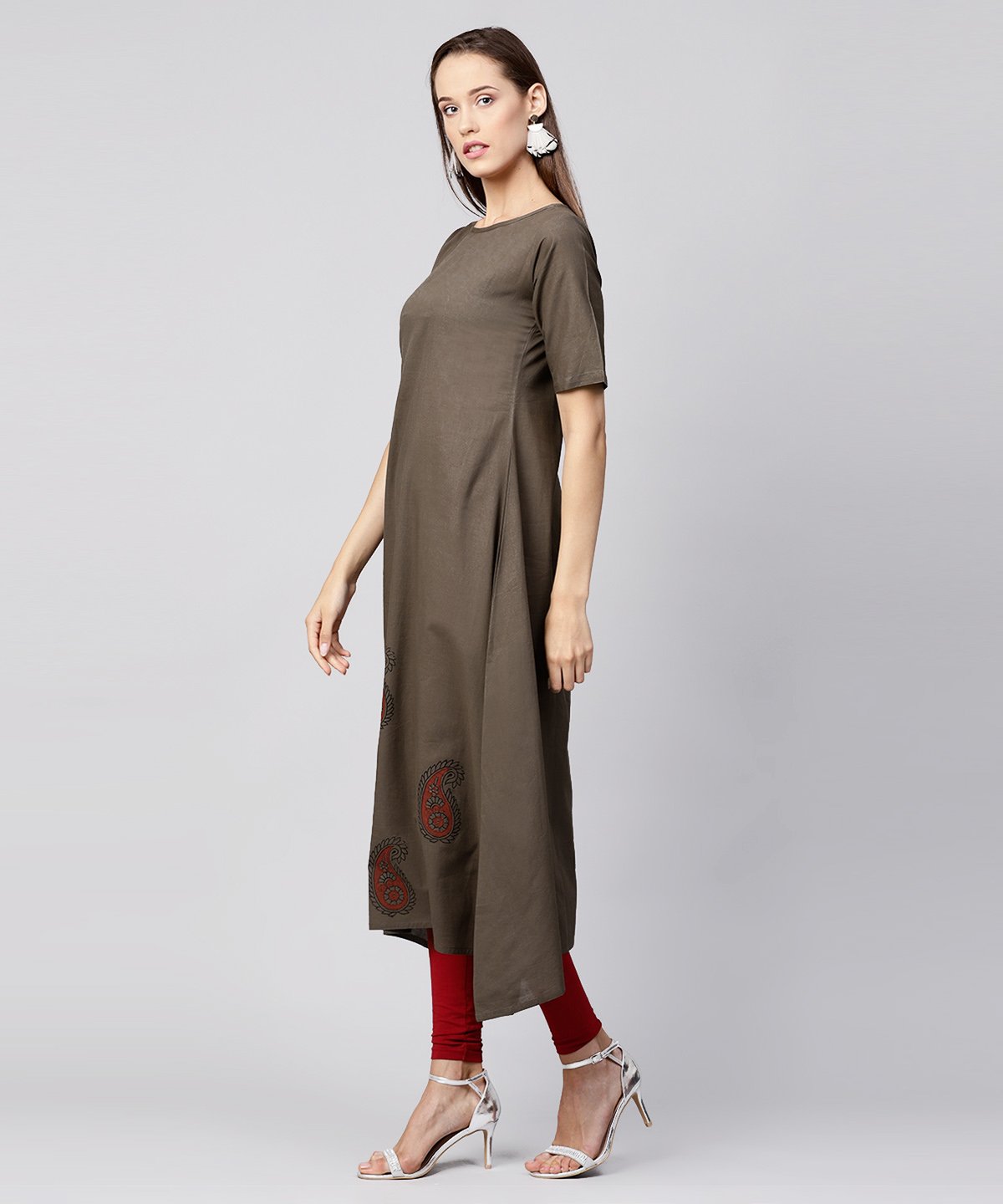 Grey Half Sleeve Block Printed Cotton A-Line Kurta | LASVINI - Redefining Indian Fashion with Elegance