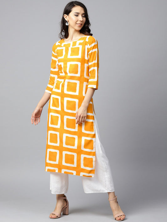 Yellow Printed 3/4Th Sleeve Cotton Straight Kurta | LASVINI - Redefining Indian Fashion with Elegance
