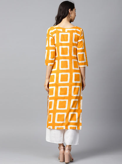 Yellow Printed 3/4Th Sleeve Cotton Straight Kurta | LASVINI - Redefining Indian Fashion with Elegance