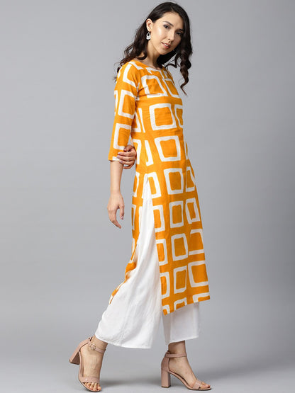 Yellow Printed 3/4Th Sleeve Cotton Straight Kurta | LASVINI - Redefining Indian Fashion with Elegance