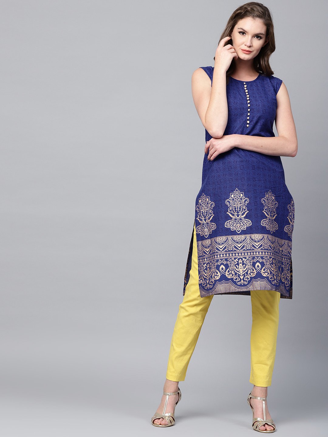 Blue Printed Sleeveless Cotton Kurta | LASVINI - Redefining Indian Fashion with Elegance