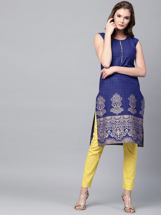 Blue Printed Sleeveless Cotton Kurta | LASVINI - Redefining Indian Fashion with Elegance