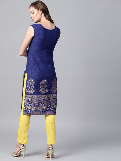 Blue Printed Sleeveless Cotton Kurta | LASVINI - Redefining Indian Fashion with Elegance