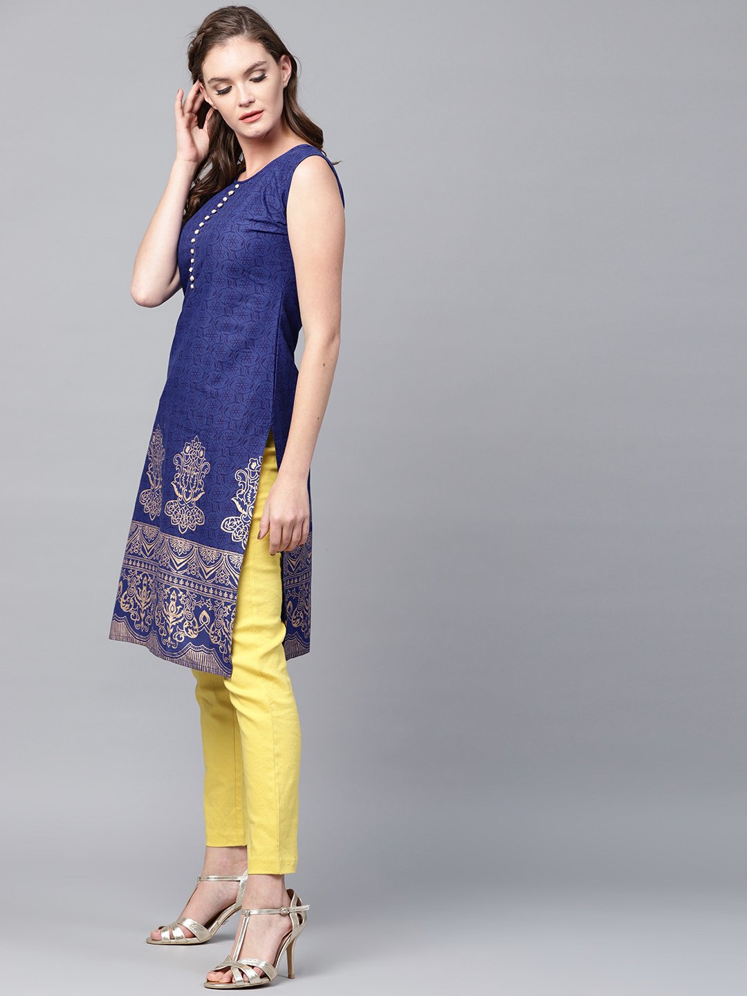 Blue Printed Sleeveless Cotton Kurta | LASVINI - Redefining Indian Fashion with Elegance