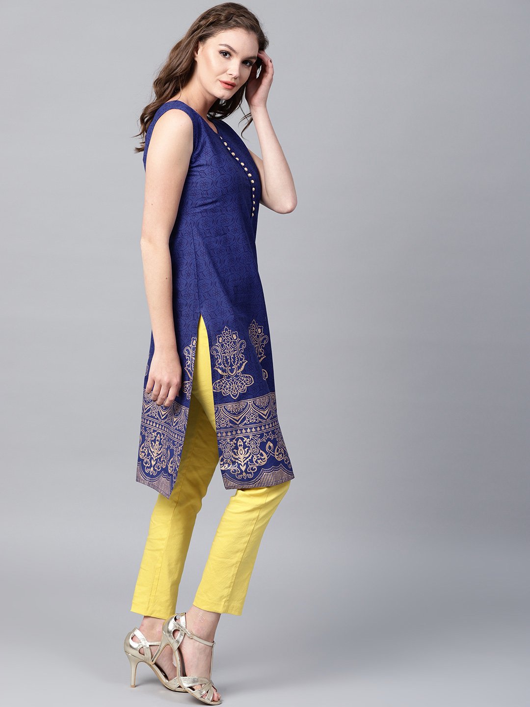 Blue Printed Sleeveless Cotton Kurta | LASVINI - Redefining Indian Fashion with Elegance