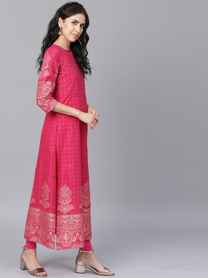 Maroon Printed 3/4Th Sleeve Cotton A-Line Kurta | LASVINI - Redefining Indian Fashion with Elegance