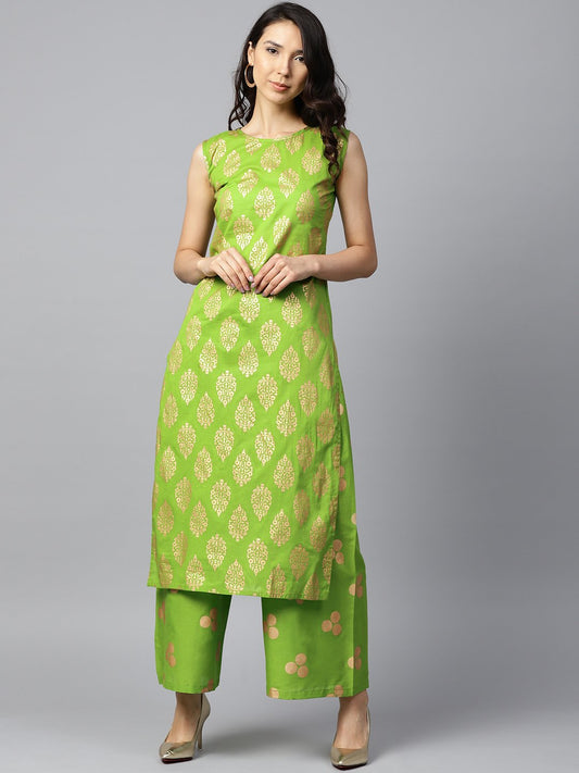Green Printed Sleeveless Cotton Kurta With Green Printed Palazzo | LASVINI - Redefining Indian Fashion with Elegance