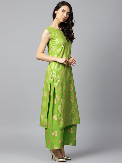 Green Printed Sleeveless Cotton Kurta With Green Printed Palazzo | LASVINI - Redefining Indian Fashion with Elegance