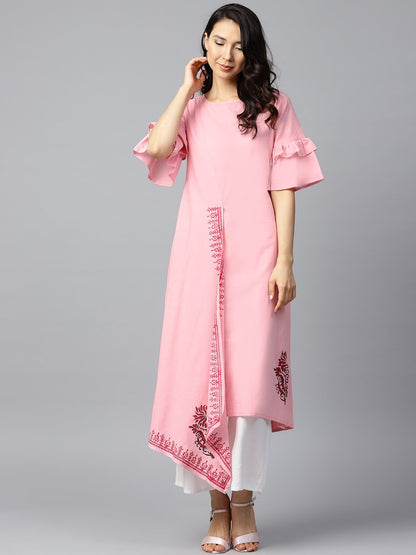 Pink Block Printed Half Umbrella Sleeve Cotton A-Line Kurta | LASVINI - Redefining Indian Fashion with Elegance