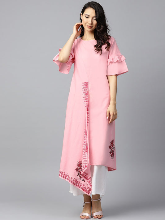 Pink Block Printed Half Umbrella Sleeve Cotton A-Line Kurta | LASVINI - Redefining Indian Fashion with Elegance