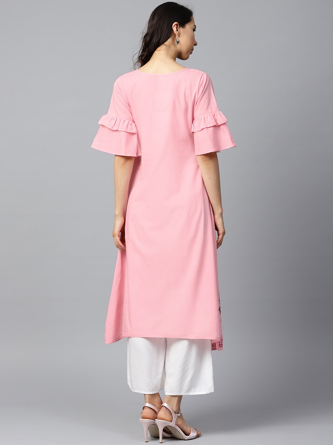 Pink Block Printed Half Umbrella Sleeve Cotton A-Line Kurta | LASVINI - Redefining Indian Fashion with Elegance