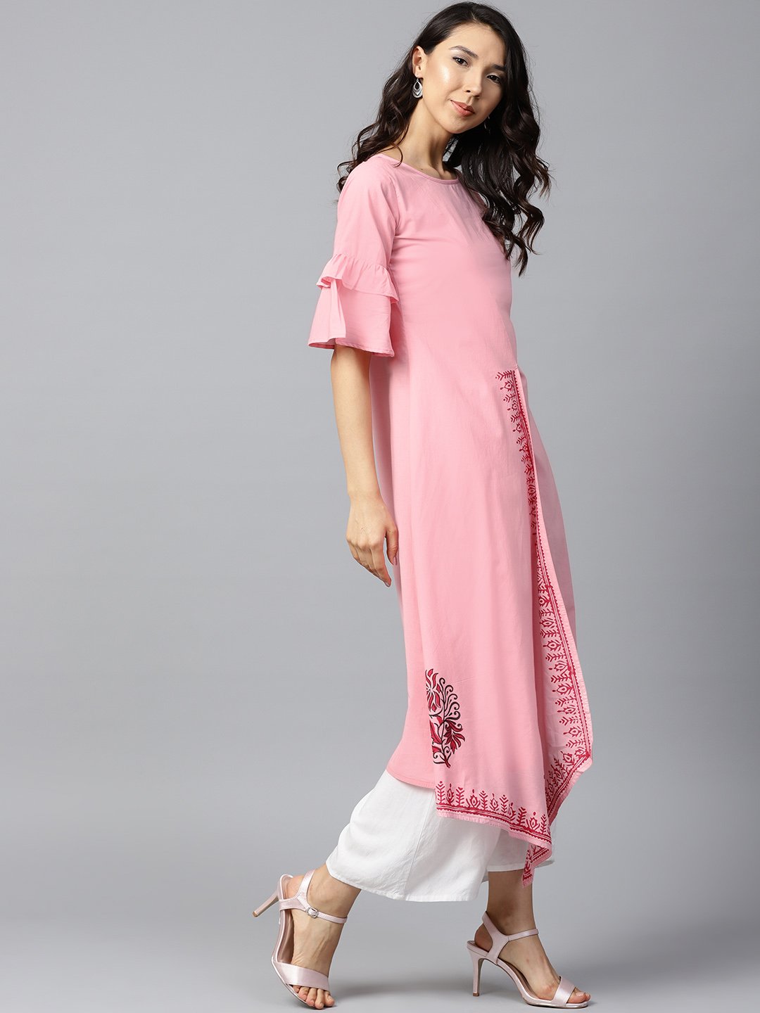Pink Block Printed Half Umbrella Sleeve Cotton A-Line Kurta | LASVINI - Redefining Indian Fashion with Elegance