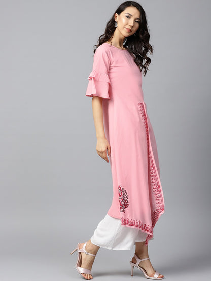 Pink Block Printed Half Umbrella Sleeve Cotton A-Line Kurta | LASVINI - Redefining Indian Fashion with Elegance
