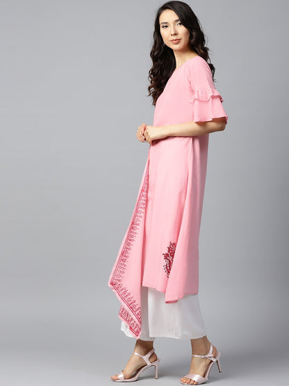 Pink Block Printed Half Umbrella Sleeve Cotton A-Line Kurta | LASVINI - Redefining Indian Fashion with Elegance