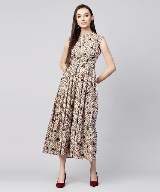 Beige Printed Sleeveless Cotton Maxi Dress | LASVINI - Redefining Indian Fashion with Elegance