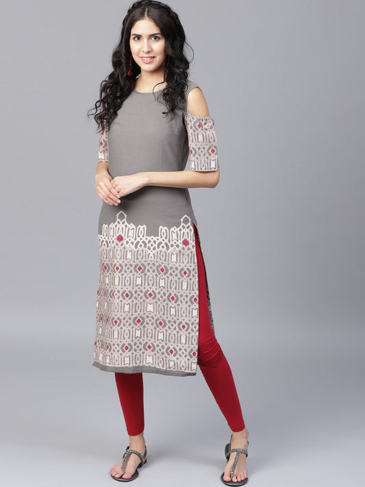 Grey Printed Half Sleeve Cold Shoulder Straight Kurta | LASVINI - Redefining Indian Fashion with Elegance