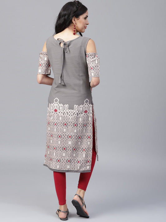 Grey Printed Half Sleeve Cold Shoulder Straight Kurta | LASVINI - Redefining Indian Fashion with Elegance
