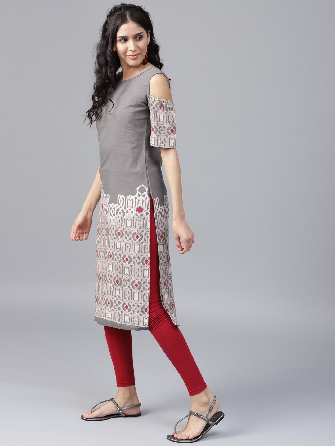 Grey Printed Half Sleeve Cold Shoulder Straight Kurta | LASVINI - Redefining Indian Fashion with Elegance