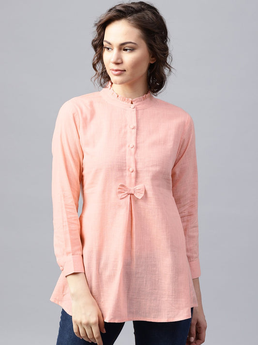 Pink Full Sleeve Cotton Slub A-Line Tunic | LASVINI - Redefining Indian Fashion with Elegance