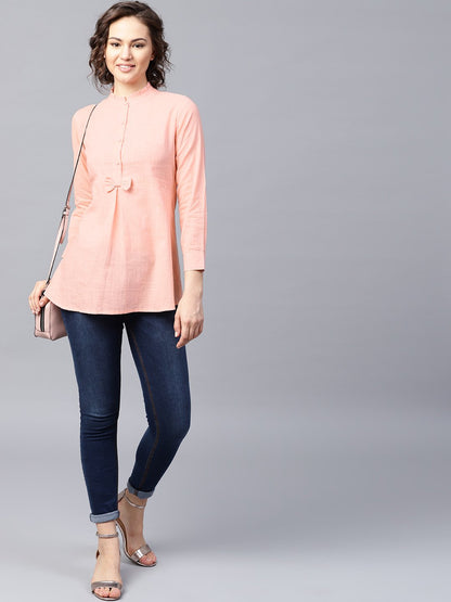 Pink Full Sleeve Cotton Slub A-Line Tunic | LASVINI - Redefining Indian Fashion with Elegance