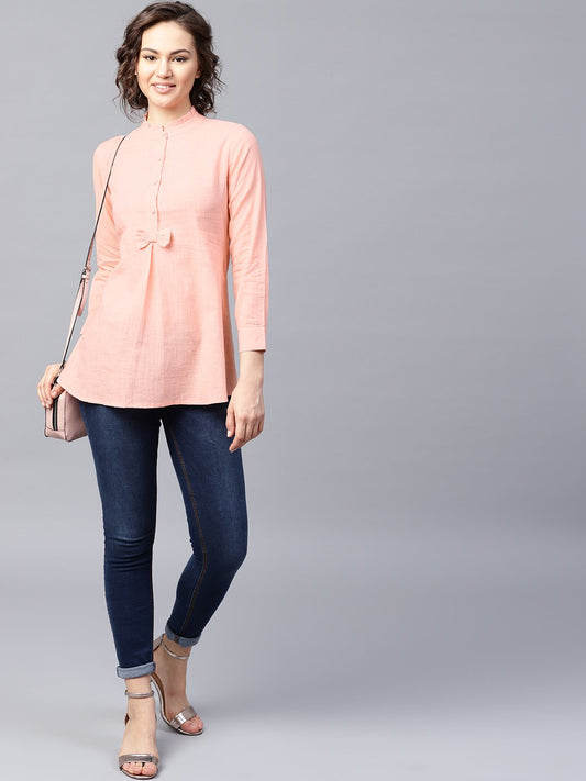 Pink Full Sleeve Cotton Slub A-Line Tunic | LASVINI - Redefining Indian Fashion with Elegance