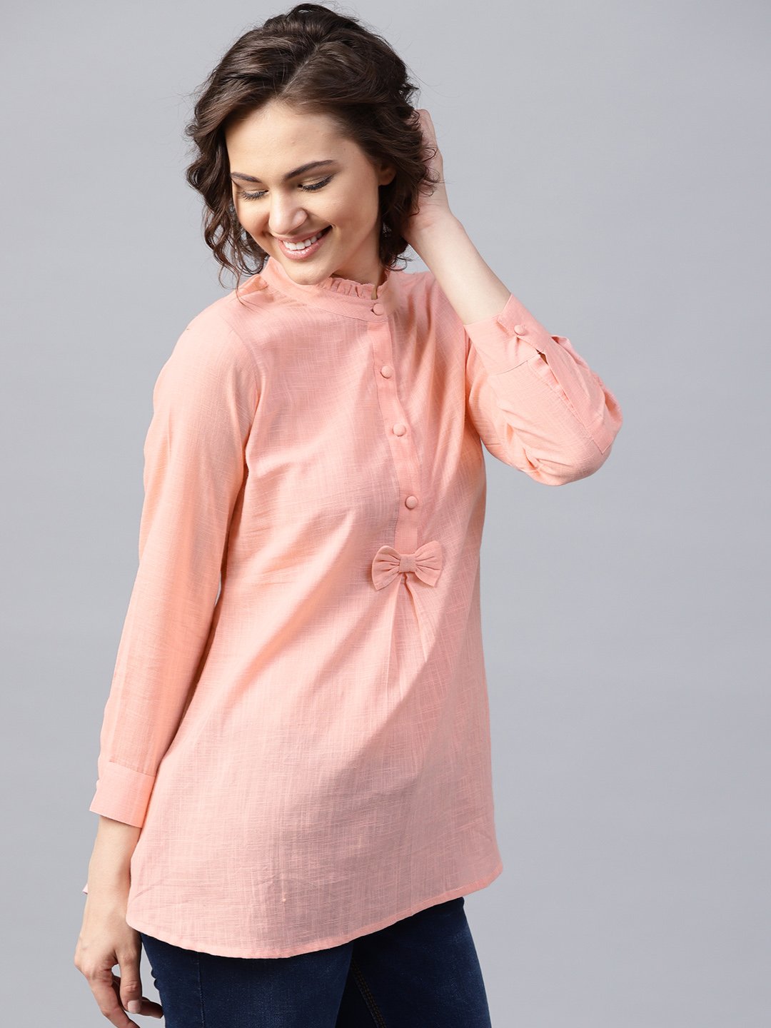 Pink Full Sleeve Cotton Slub A-Line Tunic | LASVINI - Redefining Indian Fashion with Elegance