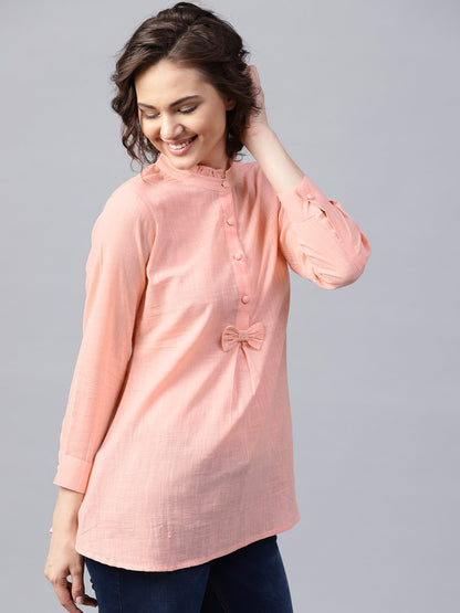 Pink Full Sleeve Cotton Slub A-Line Tunic | LASVINI - Redefining Indian Fashion with Elegance