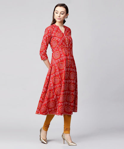 Red 3/4Th Sleeve Cotton Anarkali Kurta | LASVINI - Redefining Indian Fashion with Elegance