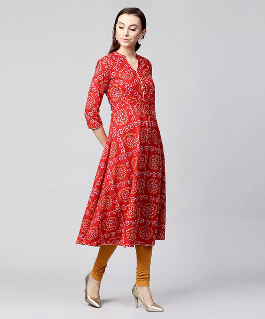 Red 3/4Th Sleeve Cotton Anarkali Kurta | LASVINI - Redefining Indian Fashion with Elegance
