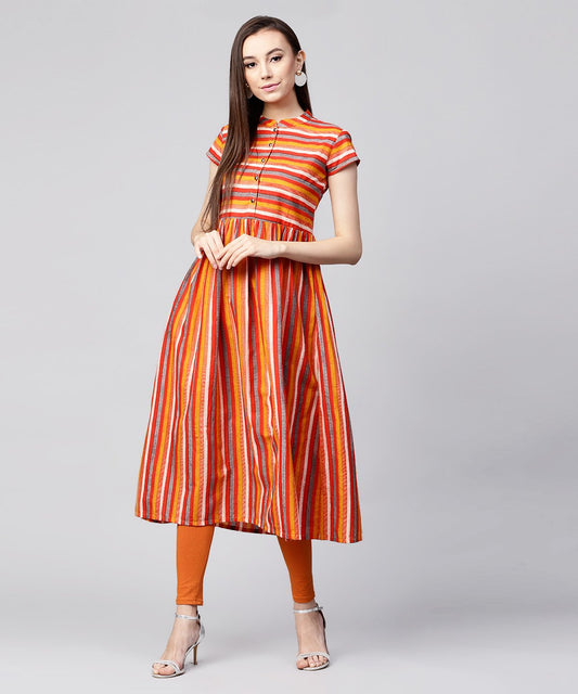 Mustard Yellow Cap Sleeve Cotton A-Line Kurta | LASVINI - Redefining Indian Fashion with Elegance