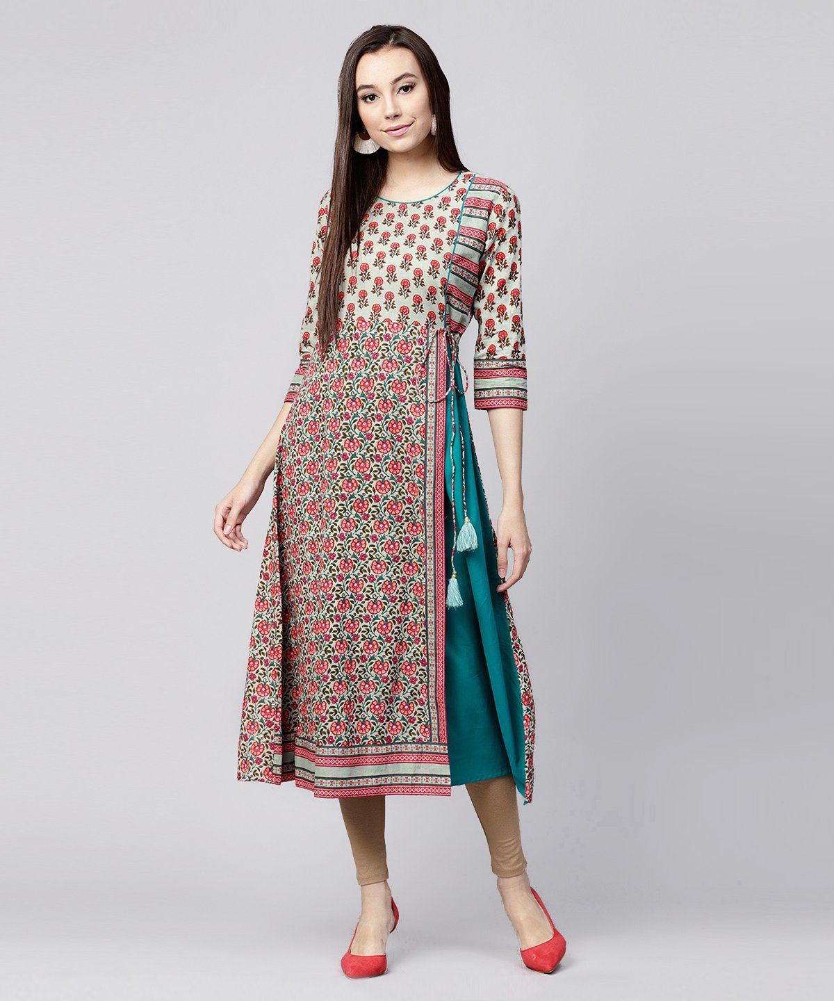 White Printed 3/4Th Sleeve Cotton Anarkali Kurta With Side Latkan | LASVINI - Redefining Indian Fashion with Elegance