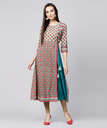 White Printed 3/4Th Sleeve Cotton Anarkali Kurta With Side Latkan | LASVINI - Redefining Indian Fashion with Elegance