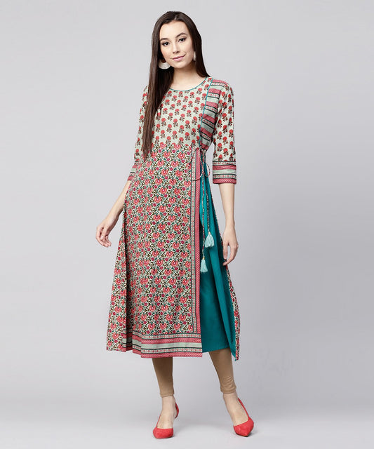 White Printed 3/4Th Sleeve Cotton Anarkali Kurta With Side Latkan | LASVINI - Redefining Indian Fashion with Elegance