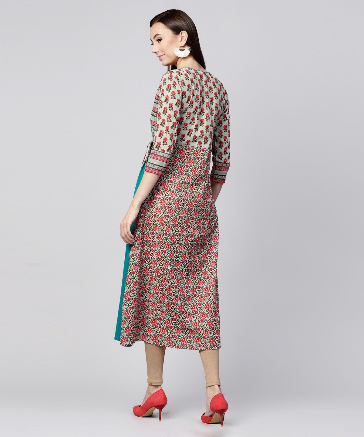 White Printed 3/4Th Sleeve Cotton Anarkali Kurta With Side Latkan | LASVINI - Redefining Indian Fashion with Elegance