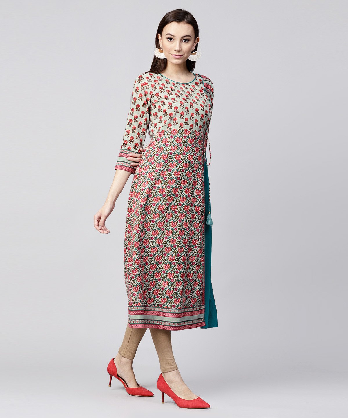 White Printed 3/4Th Sleeve Cotton Anarkali Kurta With Side Latkan | LASVINI - Redefining Indian Fashion with Elegance