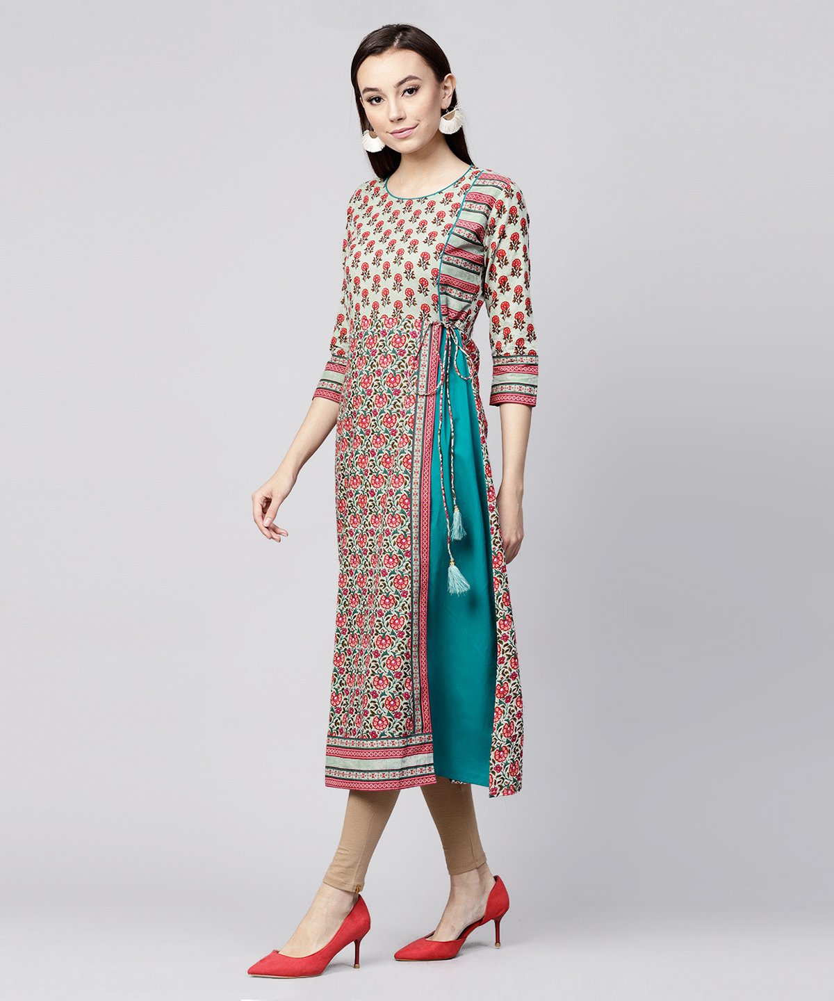 White Printed 3/4Th Sleeve Cotton Anarkali Kurta With Side Latkan | LASVINI - Redefining Indian Fashion with Elegance