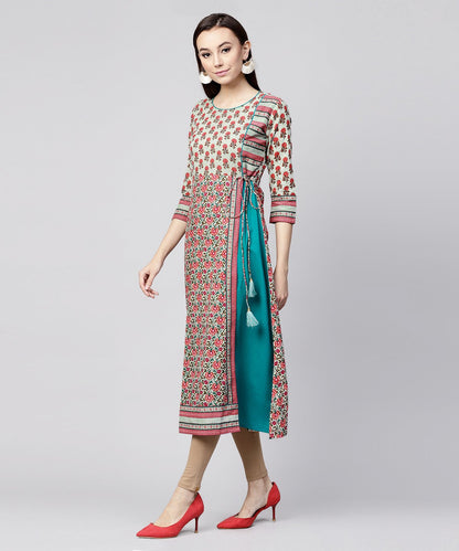 White Printed 3/4Th Sleeve Cotton Anarkali Kurta With Side Latkan | LASVINI - Redefining Indian Fashion with Elegance