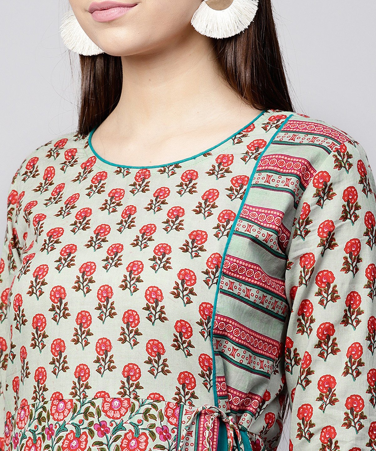 White Printed 3/4Th Sleeve Cotton Anarkali Kurta With Side Latkan | LASVINI - Redefining Indian Fashion with Elegance