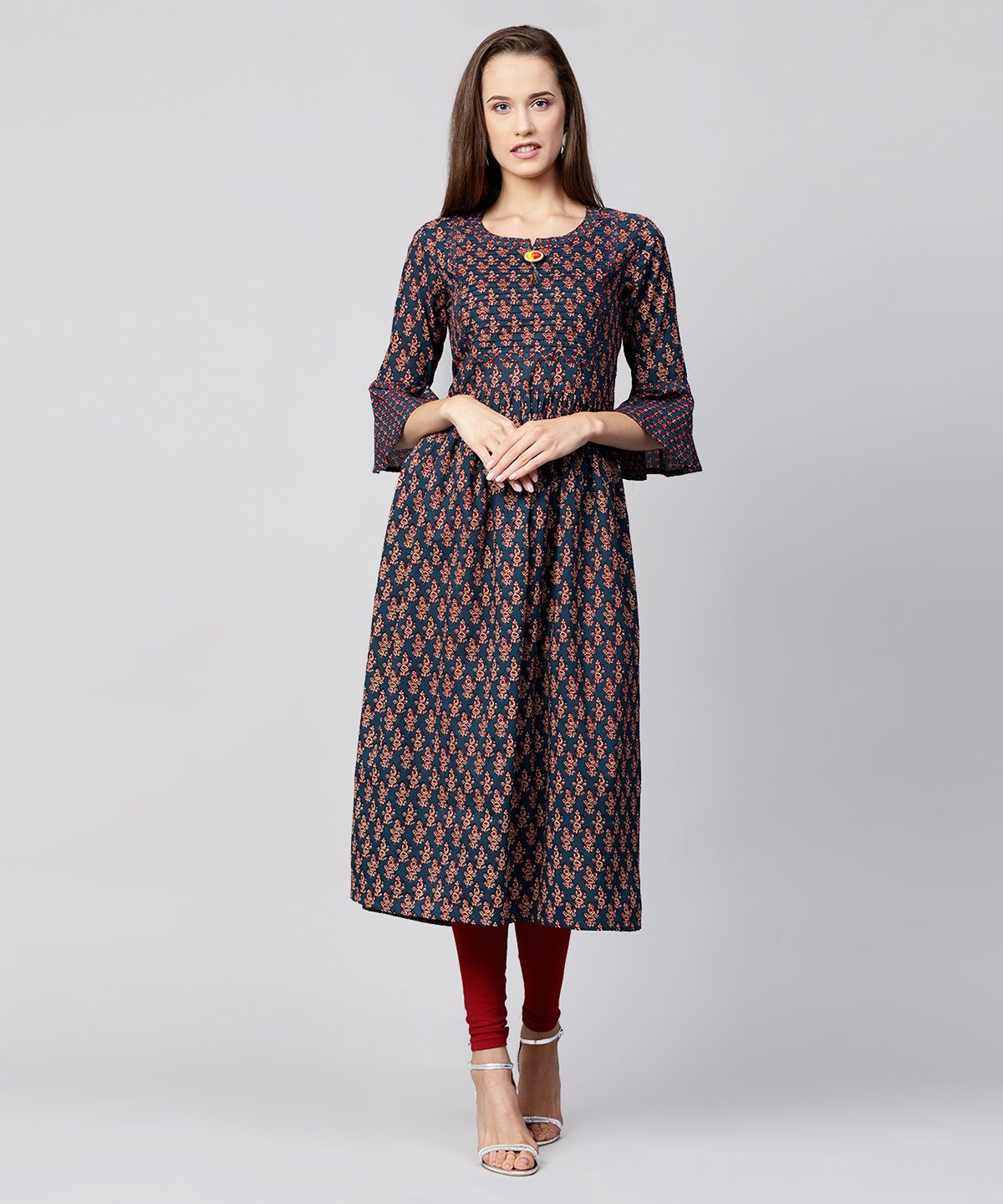 Blue Printed Circle Sleeve Cotton Anarkali Kurta | LASVINI - Redefining Indian Fashion with Elegance
