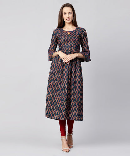 Blue Printed Circle Sleeve Cotton Anarkali Kurta | LASVINI - Redefining Indian Fashion with Elegance