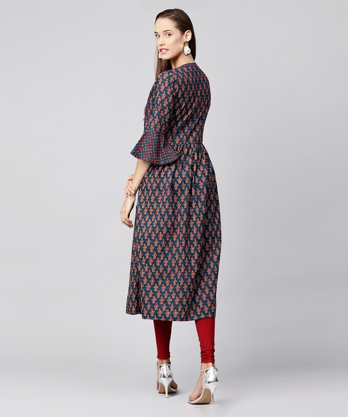 Blue Printed Circle Sleeve Cotton Anarkali Kurta | LASVINI - Redefining Indian Fashion with Elegance