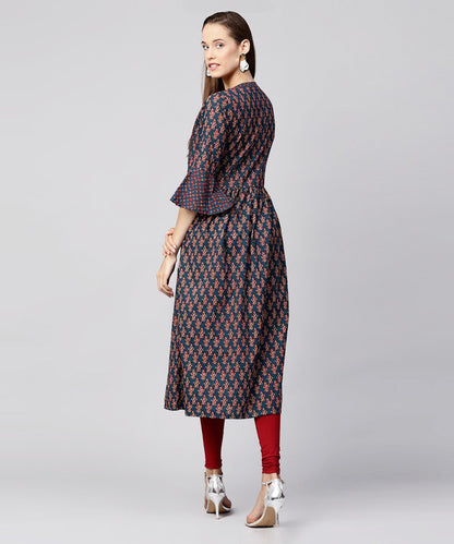 Blue Printed Circle Sleeve Cotton Anarkali Kurta | LASVINI - Redefining Indian Fashion with Elegance