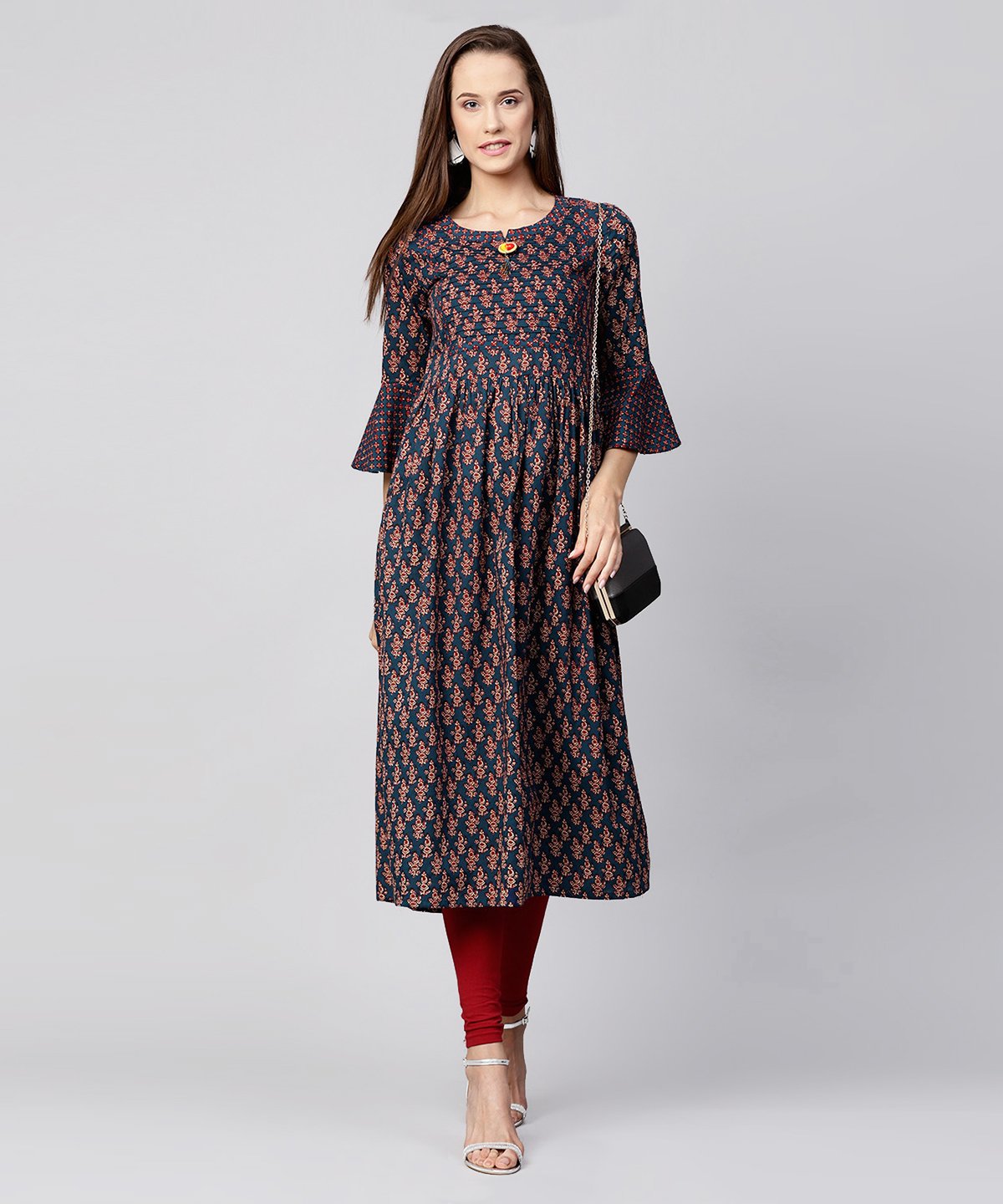 Blue Printed Circle Sleeve Cotton Anarkali Kurta | LASVINI - Redefining Indian Fashion with Elegance