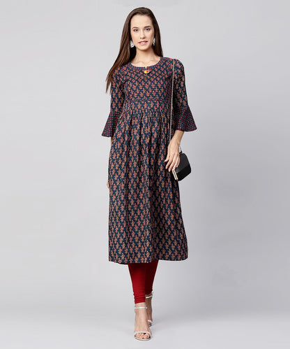 Blue Printed Circle Sleeve Cotton Anarkali Kurta | LASVINI - Redefining Indian Fashion with Elegance