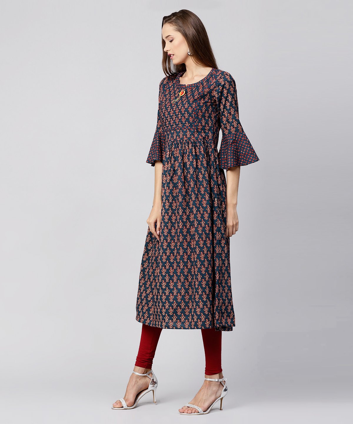 Blue Printed Circle Sleeve Cotton Anarkali Kurta | LASVINI - Redefining Indian Fashion with Elegance