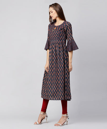 Blue Printed Circle Sleeve Cotton Anarkali Kurta | LASVINI - Redefining Indian Fashion with Elegance